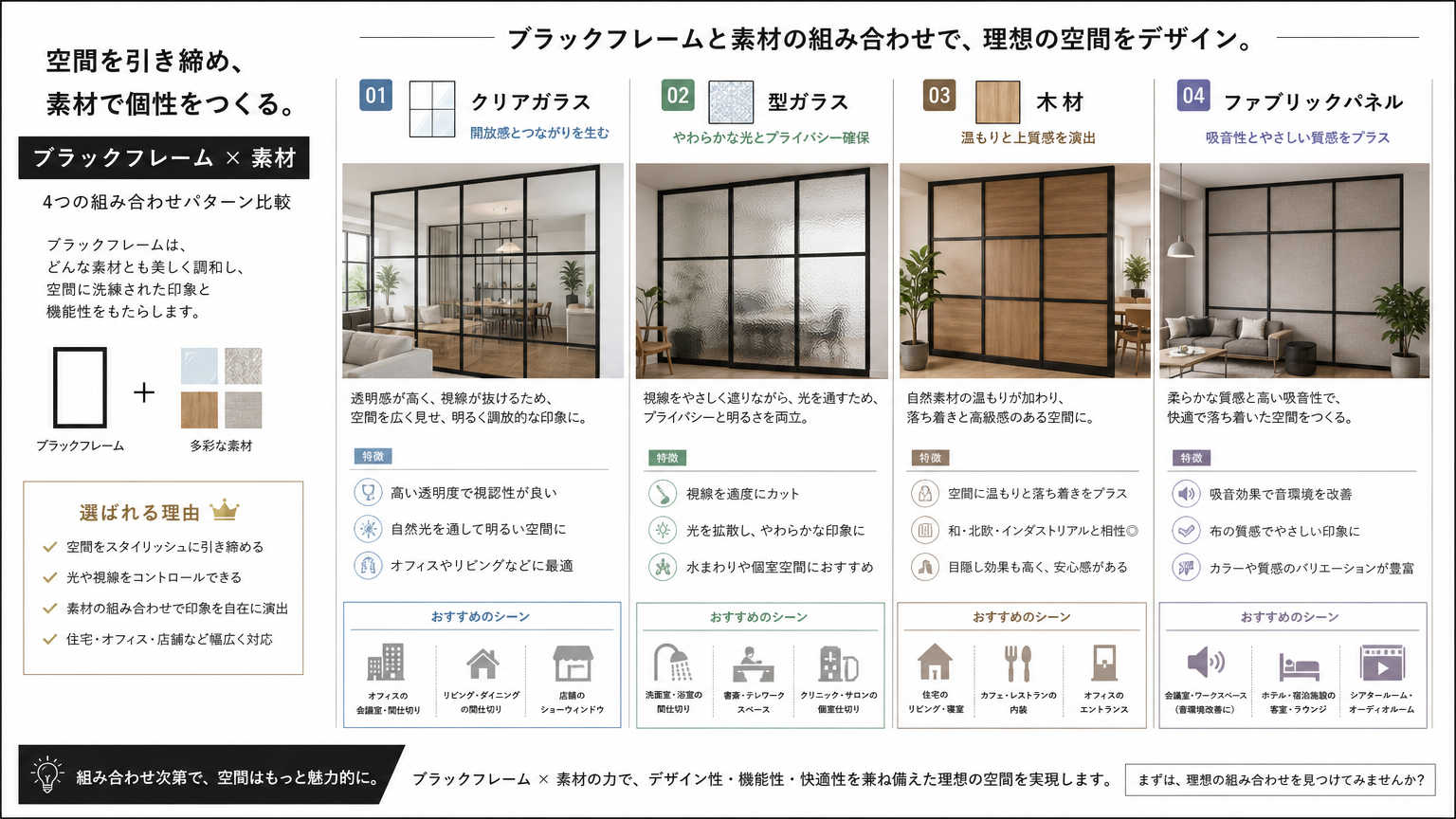 ブラックフレームと他素材の組み合わせパターン