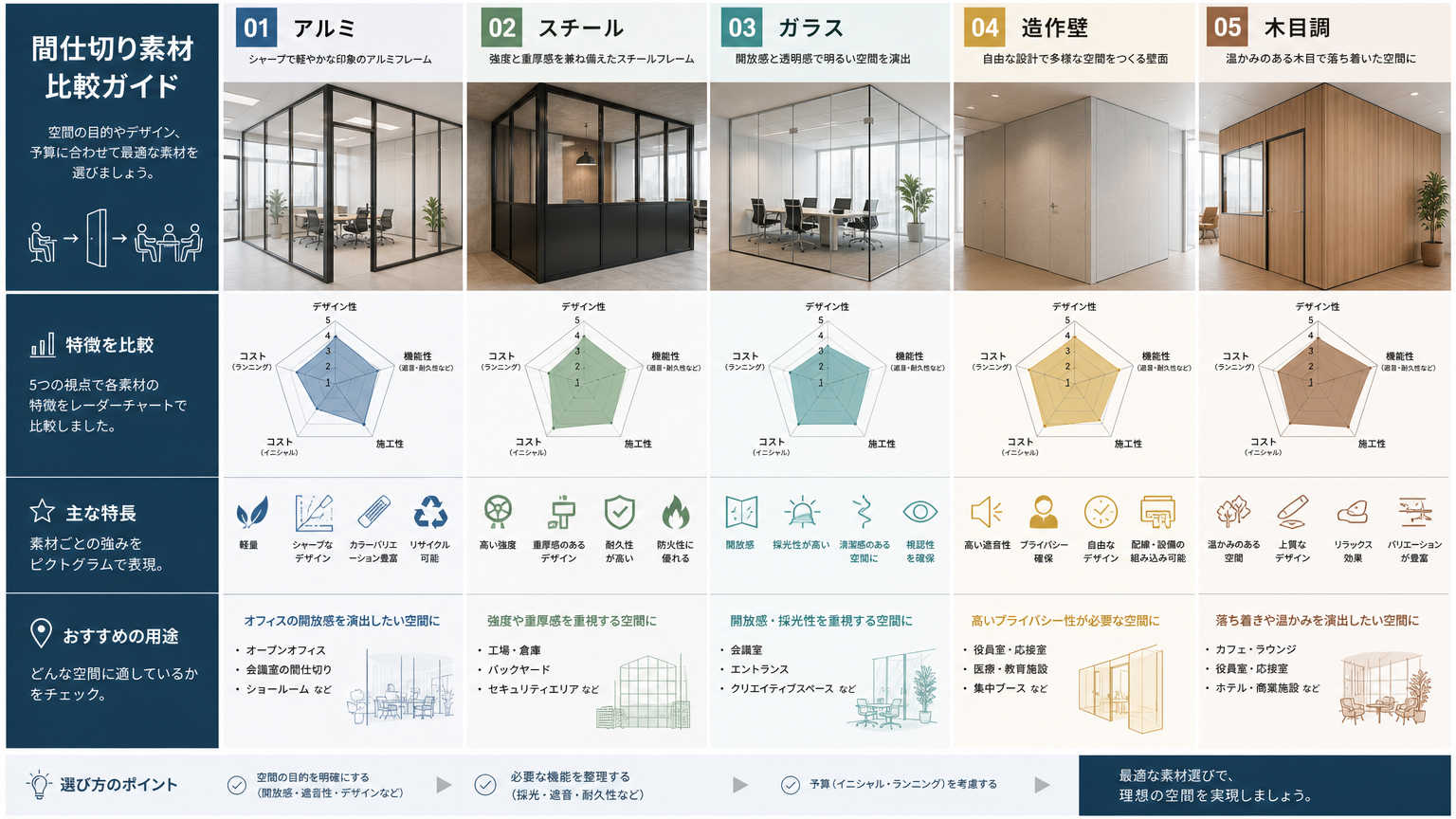 デザイン重視の間仕切りの素材別特徴